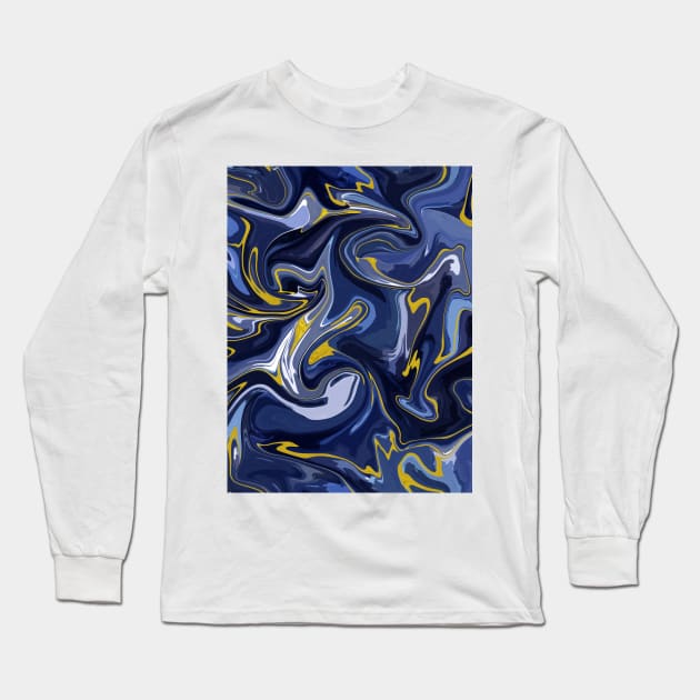 Delft Blue and Gold Silk Marble - Blue and White Liquid Paint Pattern Long Sleeve T-Shirt by GenAumonier